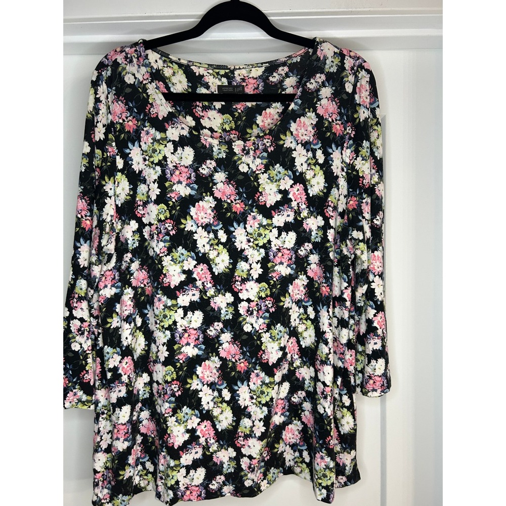 J.Jill‎ Wearever Floral Top Womens Medium Black  3/4 Sleeve Stretch Cottagecore